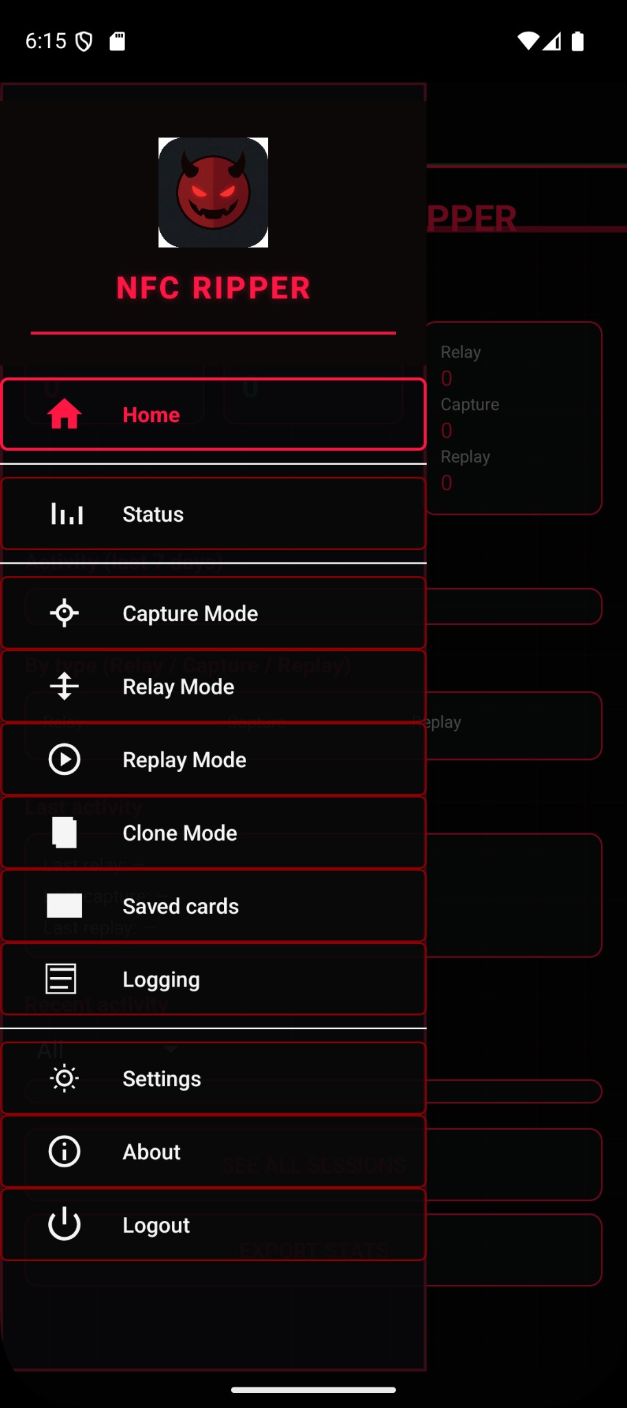 NFC RIPPER app – navigation menu